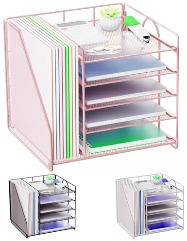 Volmop Schreibtisch-Organizer, 5-Stufiger Papierkorb-Organizer mit Aktenhalter, Netz-Aktenhalter, Schreibtisch-Organizers und Aufbewahrung für Schreibtischzubehör und Büromaterial, Rosa