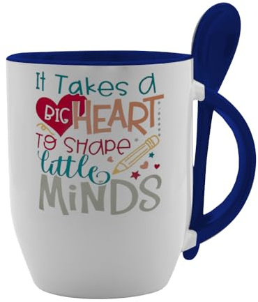 Best Teacher Gift, It Takes a Big Heart to Help Shape Rainbow Design, Little Minds, Teacher Life, Spoon Mug, Coffee, Tea Mug. (Blue)