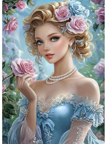 MAXBYE Diamond Painting Erwachsene, Elegante Frau 5D Diamond Art Komplett Set DIY Rosa Rose Diamant Bilder Anfänger, Runde Diamant Bilder Kristall Kreuzstich Für Home Wall Decor 30x40cm