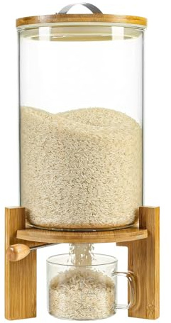 Récipient hermétique pour farine et céréales, distributeur de riz de 5 L/8 L, bocal de rangement alimentaire en verre avec support en bois pour l'organisation de la cuisine et le rangement du