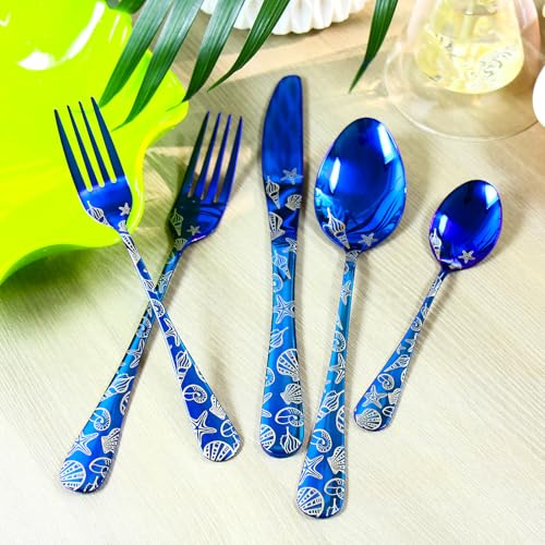20 Pieces Stainless Steel Flatware Set for 4 People Knives Forks Spoons Set, Nautical Coast Seashell Pattern Design, Mirror Polish and Dishwasher Safe Blue Silverware Set (20, Blue-Seashell)