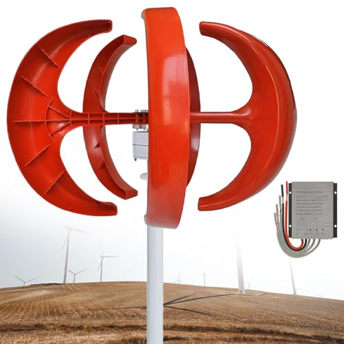 Aerogenerador Vertical de 600 W, 5 aspas Tipo Farol con Controlador, Velocidad Ajustable para terrazas, chalets, Barcos de Pesca y autocaravanas. Color Rojo. Solución de alimentación de 24 V