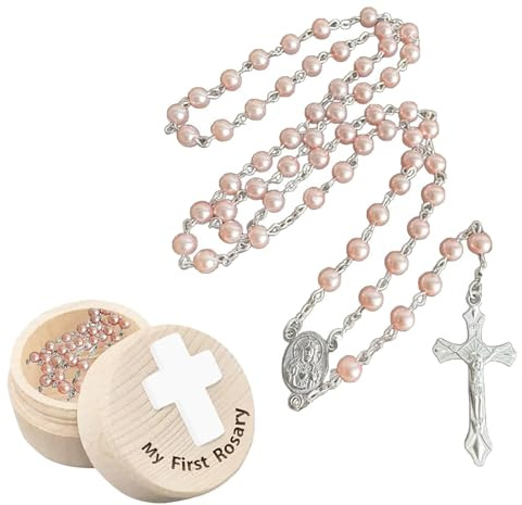 Christening Gifts for Girls Rosary Necklace With Baptism Memorial Box, Baby Christening Gifts, Pink Elegant Beaded Design, Suitable for Rosary Beads First Holy Communion for Baby Baptisms Party Gift