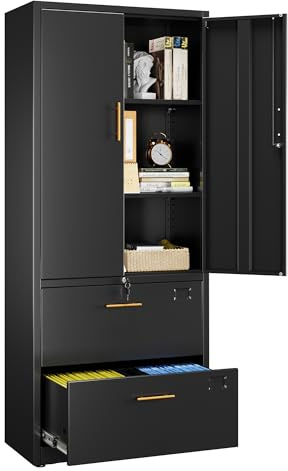 Aobabo Metallschrank Aktenschrank mit Schublade Mehrzweckschrank Aufbewahrungsschrank mit Schloss, Stahlschrank Office Storage Cabinet File Cabinet für Office,Schwarz