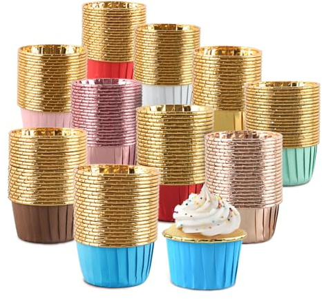 XIMEY Papel Magdalenas Horno, Moldes Magdalenas Papel, 200 Piezas, Moldes Muffins, Muffin, Cupcakes para Fiestas Navidad, Tamaño Estándar, Natural y Antiadherente (Dorado) (Dorado)