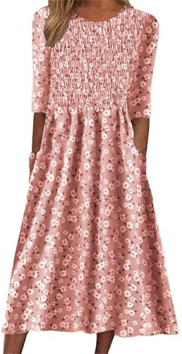 Dam elastisk rynkad blommig tryck midi-klänning, sommar kortärmad rund hals klänningar med fickor för semester boho-klänningar, Rosa, M