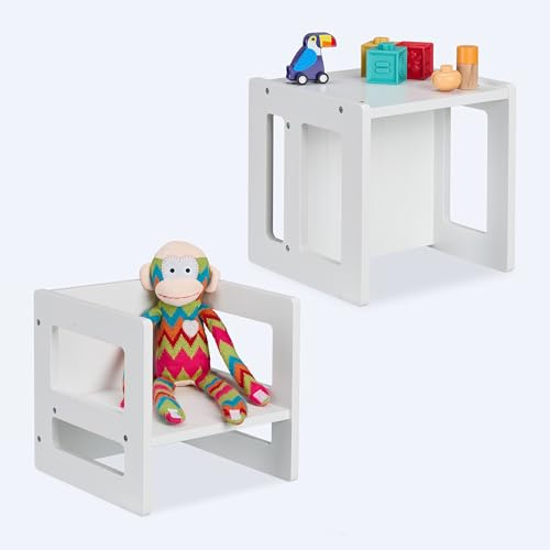 Relaxdays Set di 2 sgabelli per Bambini, 2 Altezze di Seduta, con braccioli, AxLxP: 30x30x30 cm, MDF, Bianco