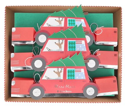Meri Meri Knallbonbons Rentier im Auto (6 Stück), lustige Überraschung, Weihnachts-Partygeschenke, jeder Knallbonbon enthält Witz, silbernen Partyhut und Geschenk