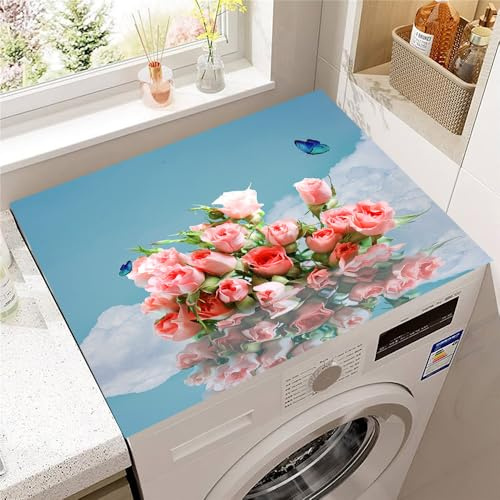 Highdi Motif Floral Rose Coloré Housse de Protection pour Machine à Laver Top,Coussin de Machine à Laver Antidérapant Housse de Machine à Laver pour Machine à Laver Sèche-Linge (Floral,60x60cm)