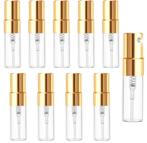 KFHENSOMR 10 Pcs Mini Spray Bottles 3ml Clear Glass Perfume Bottles Portable Fine Mist Perfume Atomizer Refillable Empty Sample Containers for Cleaning Essential Oils Travel (Gold Cap)
