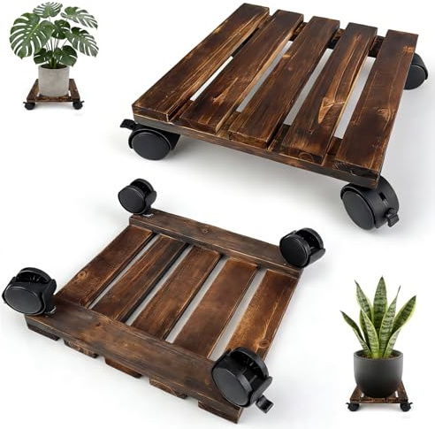 LUMITERRA Pflanzenroller eckig 2er Set, 25*25*7cm, 40 kg Tragkraft, Massives Tanne, Lenkrollen mit Zwei Feststellbaren Rädern, Transportfahrzeug für Pflanzen im Innen und Außenbereich