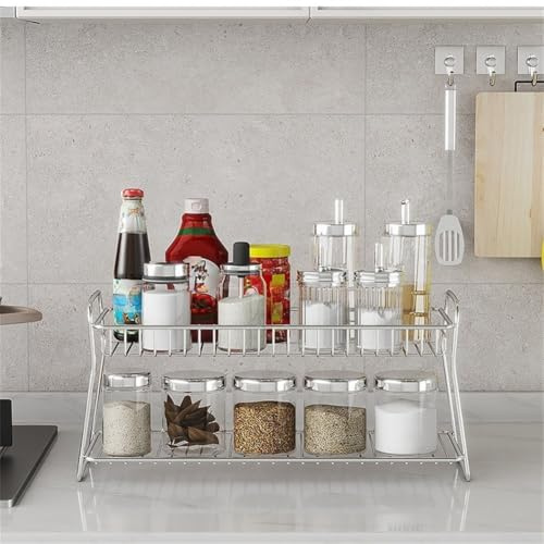 Étagère à épices à 2 niveaux en acier inoxydable pour comptoir de cuisine – Organiseur d'assaisonnement debout avec de hautes étagères pour épices, thé, café et condim (39,9 x 16 x 18,5 cm)
