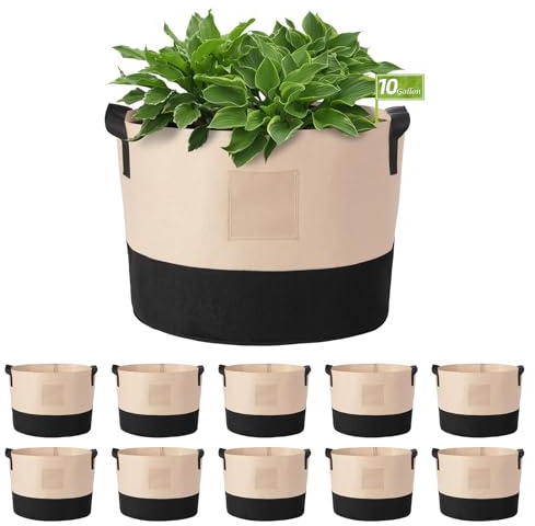 LITLANDSTAR 10 Gallon Plant Grow Bags, 10 Pack Heavy Duty Thickened Nonwoven Fabric Plant Pots with Handles and Label Bags, Fabric Grow Bags for Growing Vegetables Flowers Herbs (Black Mixed Camel)