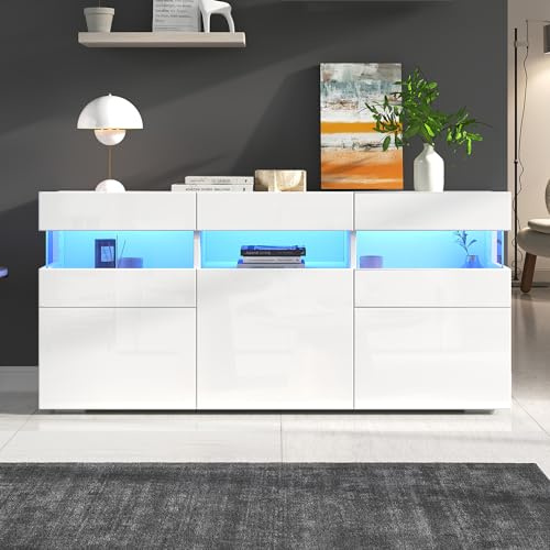 YAIXBNG 140 x 40,5 x 66,5 cm vardagsrumsskåp, byrå med 3 dörrar, högglansigt vardagsrumsskåp med LED-ljuslist, transparent akrylhölje, skåp med 7 förvaringsfack, 140 cm brett skåp, vit