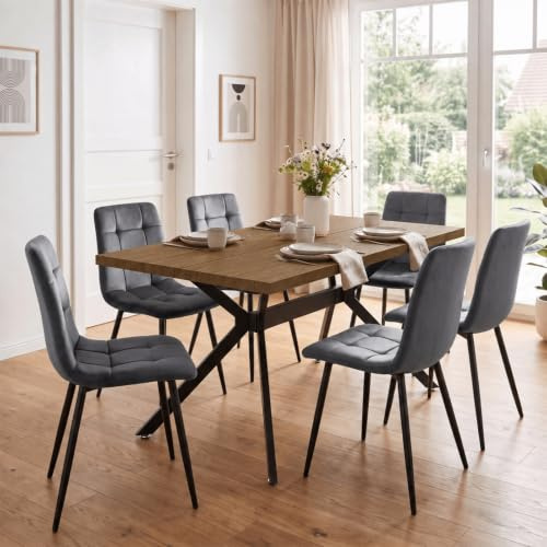 LEWE esstisch Holz mit 6 Dunkelgrau Holländischer Samt stühlen Set | Dunkle Rechteckig Tischplatte 140 x 80 cm, Stuhl-und Tischbeine aus Metall, ergonomisch, geeignet für Küche Wohnzimmer
