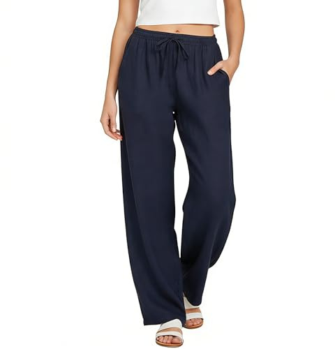 Neteson Pantalones Mujer Verano Casual Pantalones de Lino de Algodón Cintura Alta Elástica Pantalón Largos Cómodos Ligero Pantalones Fluido Anchos Playa con Bolsillos