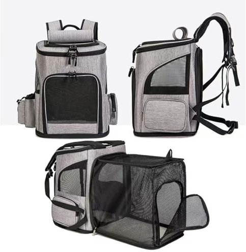 Generic Stor Kattryggsäck, Utbyggbar Husdjursbärare med Andningsbara Nätfönster och Mjuk Plysch, för Resevandring Camping Veterinärbesök Små Medelstora Husdjur Upp Till 18lbs (GRAY)