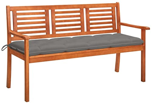 QJBSAVVA Gartenbank 3-Sitzer aus Massivholz Eukalyptus 150 cm - Komfortable Sitzbank mit Grauer Auflage für Garten Terrasse und Balkon - Ergonomische Holzbank mit Armlehnen