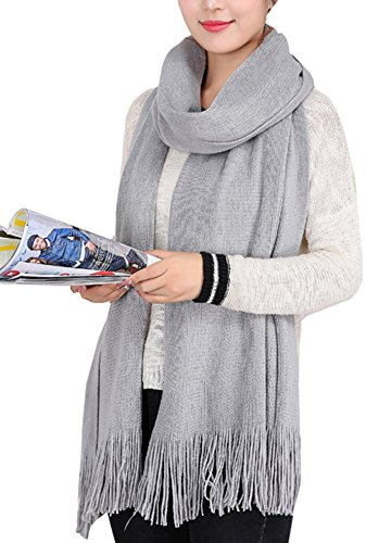 Wander Agio Women's Wraps Warm Long Scarves Winter Scarfs Pure Color Scarf Tassel Light Grey