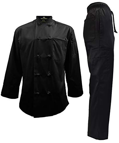 Natural Uniforms Men's Chef Uniform Set - Chef Coat and Cargo Pants Set (Medium, Black Coat/Black Pants)