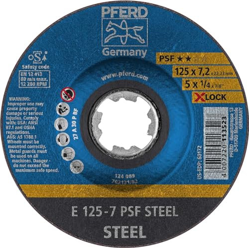 PFERD Schruppscheibe, 10 Stück, 125 x 7,2mm, X-LOCK (22,23 mm), PSF STEEL, 62011125 – für schnelle und komfortable Werkzeugwechsel
