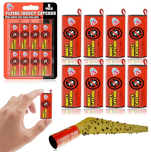 8x Flying Insect Paper Catchers, Fruit Fly Trap, Sticky Fly Catchers Set, Dual Sided Traps, Strong Sticky Glue Hanging Pest Control for Indoor and Outdoor