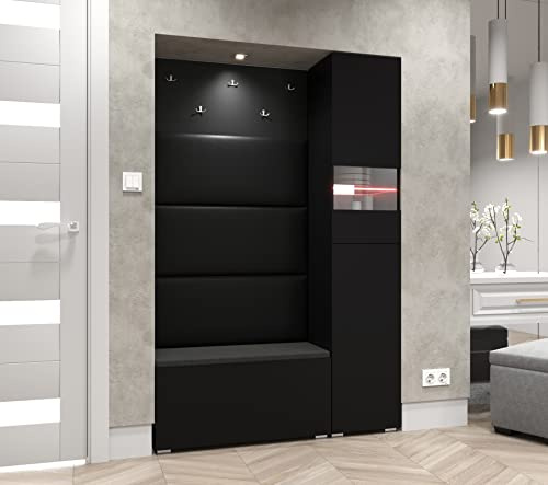 Furnitech Gf84 Meubles De Couloir – Armoire Vestiaire- Armoire D’Entrée- Meuble À Chaussures- Ensemble De Meubles De Couloir Mat - LED Blanche - Noir Mat GF84-21B-M1