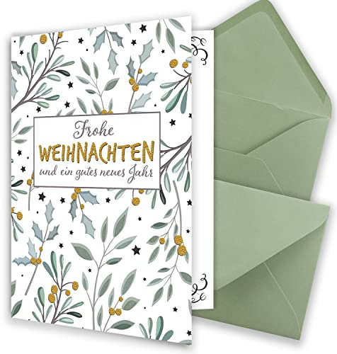 100x kleines Weihnachtskarten-Set DIN A7 in Weiß mit Mistelzweigen und Eukalyptus - Faltkarten mit passenden Umschlägen DIN C7 Eukalyptus mit Nassklebung - Weihnachtsgrüße für Firmen und Privat
