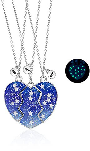 Hifot 3 Stück Halskette Damen Silber Freundschaftskette, Bff Ketten für 3 Mädchen, Kette Herz Anhänger, Glühen Sternen Halskette Lang für Frauen Freundin Geschenk Personalisierter Schmuck