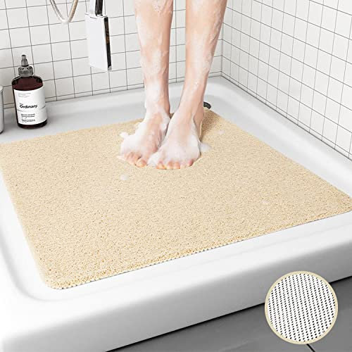 Square Shower Mats for Inside Shower 60x60cm Loofah Shower Mat Non Slip Soft Bath Mat for Bathroom Wet Floor (Beige)