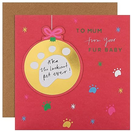 Hallmark Weihnachtskarte für Mama vom Haustier, lustige Pfotenabdruck-Kugel, rosa Design