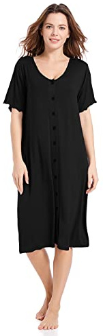 CHUNG Women Short Sleeve Nightdress Button Down Nighties Ladies Nightgown Soft Baggy Pyjamas UK Size Black XL