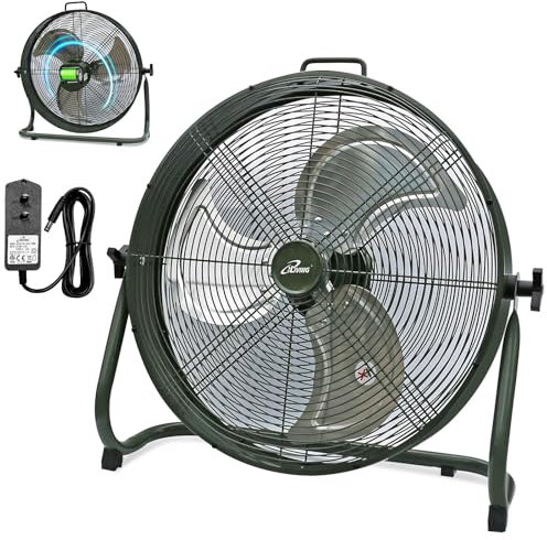 iLiving 18 Rechargeable Battery Operated Camping Floor Fan, High Velocity Portable Outdoor Fan with Metal Blade, With Built-in Lithium Battery for Whole Day Usage, 18 Inches, Military Green