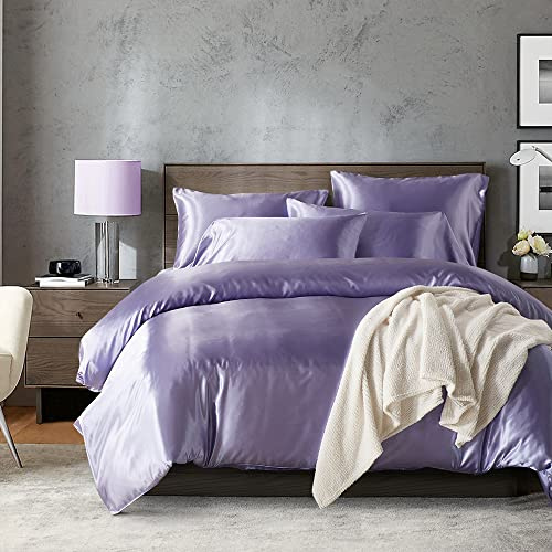 Freyamy Housse de Couette Satin 220x240 Couleur Unie Violet Parure de lit Adulte 2 Personnes avec Fermeture Éclair Sets de Housse Couette en Satin de Soie Brillante avec 2 Taie d'oreiller 65 x 65