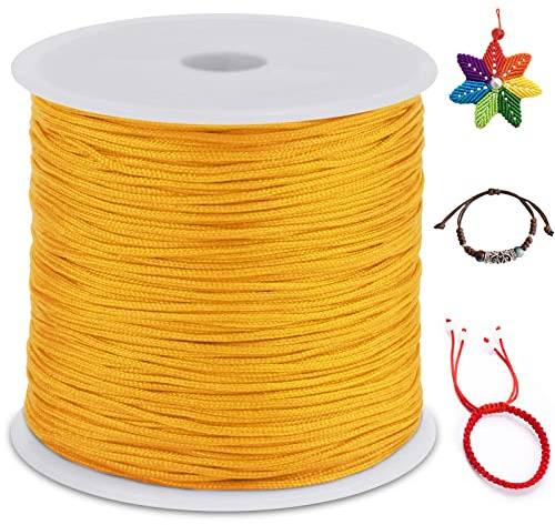 LEREATI 0.8mm Filo Nylon per Braccialetti, 100m Cordoncino per Braccialetti Coda di Topo Cordoncino Natalizio, Macrame Corda per Collane Perline Gioielli Fai da Te (Giallo Oro)