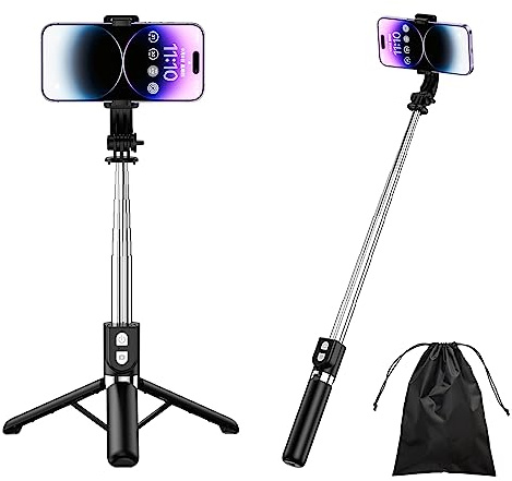 H.May Perche Selfie, 4 en 1 Rechargeable Perche Selfie Trépied Renforcé et Stable Tige Télescopique, 110cm Selfie Stick Trépied Compatible avec iPhone, Android, Gopro, Camera
