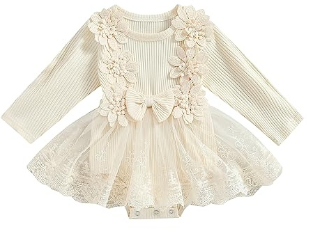 ESSECMBS Pagliaccetto con Maniche Lunghe Neonata Tutina Invernale Bimba con Bowknot Body Elegante Neonata Abito da Battesimo in Pizzo Bianco con Maniche Volant in Pizzo Festa (Albicocca, 0-3 Months)