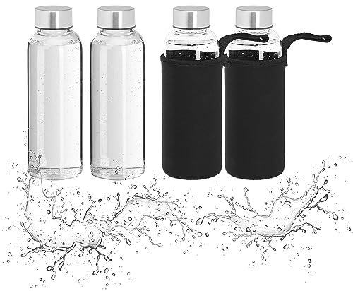 Relaxdays Trinkflasche Glas, 4er Set, 360ml, auslaufsicher, spülmaschinenfest, Hülle, Wasserflasche, transparent/schwarz