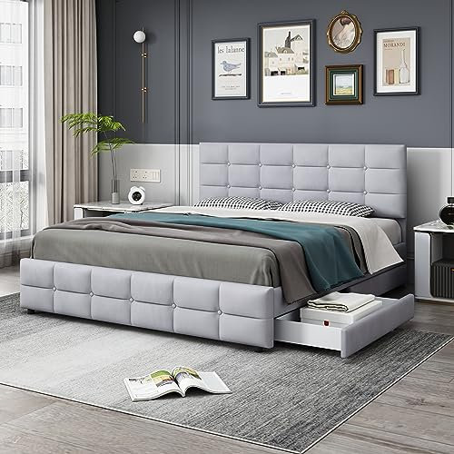 KUAKE Polsterbett 180 x 200 cm, Doppelbett mit 4 Schubladen, Lattenrost und Rückenlehne, Hautfreundliches Doppelbett aus Samtstoff für Erwachsene und Jugendliche (Grau)