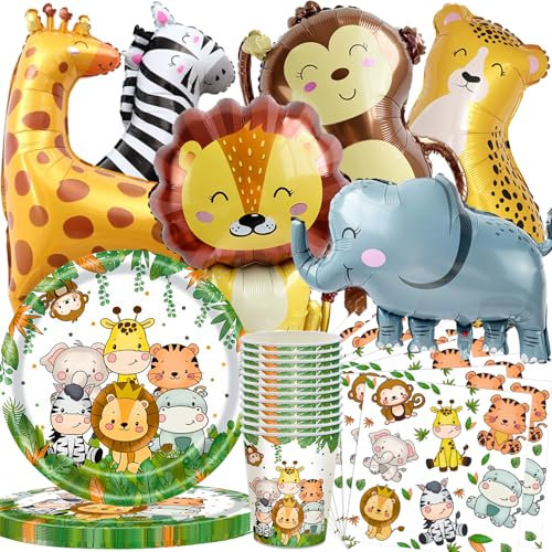 jungla safari Juego de vajilla para fiesta,66 pcs Cumpleaños de safari Vajilla de fiesta con Globo de papel de aluminio,Animales platos de papel vasos servilletas globo decor cumpleaños 20 invitados