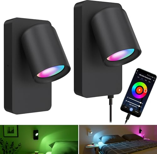 SSC-LUXon NERU Wandleuchte 2er Set schwarz Smart LED USB WLAN RGB App | Zwei Leselampen fürs Schlafzimmer - per App & Alexa steuerbar, mit USB-Port & drehbarem Kopf, RGB-Farblicht, ohne Hub