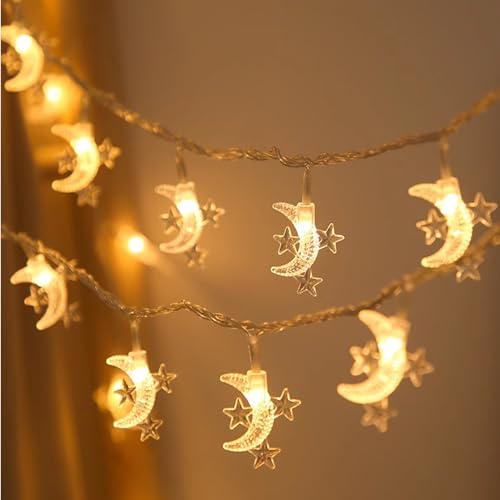 Recitem Lichterketten Vorhang LED Sterne Mond Lichterkette,USB-Deko Lichterkette mit Stern und Mond, Lichtervorhang Innen Außen Deko für Ramadan, Party, Fenster, Hochzeit,10M 100 Stück