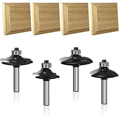 LEATBUY Router Bit Set 1/4-Inch Shank Door&Drawer Front Edging 4 PCS, Woodworking Milling Cutter Tools, CNC Wood Table Cabinet Router Grooving Mill Tool Router Bits Sets(Steel)