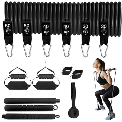 Fitnessbänder, Pilates Bar Set mit 6 Widerstandsbänder 30 40 50 lbs Resistance Bands für Damen und Herren mit Fitnessband Griffe Türanker Fußschlaufen Sportgeräte Zuhause für Krafttraining