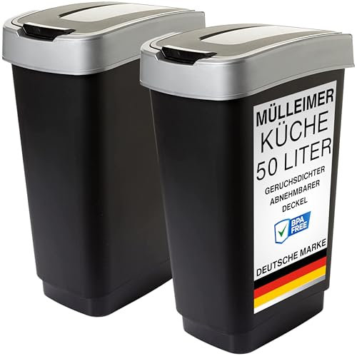 2friends Duo Mülleimer 2 Fächer 2x50L Geruchsdicht - Mülltrennsystem Küche mit Schwingdeckel - Abfalltrennung Doppel-Mülleimer 100L Gesamt - Schwarz/Silber - Made in EU