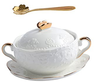 Zerodeko Ceramic Soup Bowls Lid Double Ear Dessert Bowl Stew Pot Kitchen Tableware for Soup Bird's Nest Salad