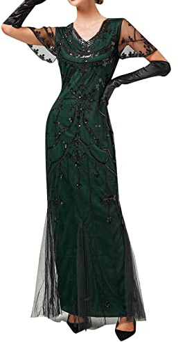 KBOPLEMQ Gatsby Kostüm Damen Charleston Kleid Abendkleid Abschlussballkleid 1920er Retro Cocktail Stil Flapper Kleid mit Pailletten, Lang, 1920er-Jahre, Flapper-Cocktailkleid, Netzstoff