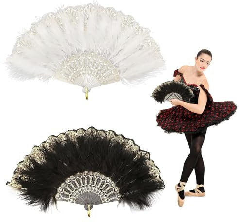 Lotbun 2 Stück Federfächer, 20er-Jahre-Vintage-Stil, faltbarer Hand-Federfächer, Handfächer für Hochzeit Party Abschlussball Teeparty Aufführungen Dekoration schwarz-weiß