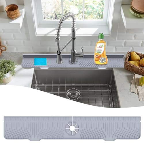 33 inch Sink Splash Guard Mat, Sink Faucet Drying Mat, Silicone Faucet Handle Drip Catcher Tray, Longer Silicone Sink Mat for KitchenBathroom, Drip Protector Splash Countertop (Grey)