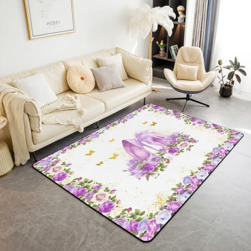 Lila High Heels Bereich Teppich 150x200,Romantische Garten Blumen Dekor rutschfeste Teppich für Jugendliche Erwachsene, Aquarell Ölfarbe Druck Innenbodenmatte für Stühle Sofa Schlafzimmer